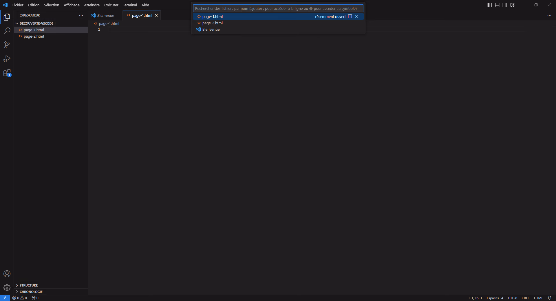 Capture d’écran de l’éditeur de texte VSCode affichant le menu de recherche de fichiers