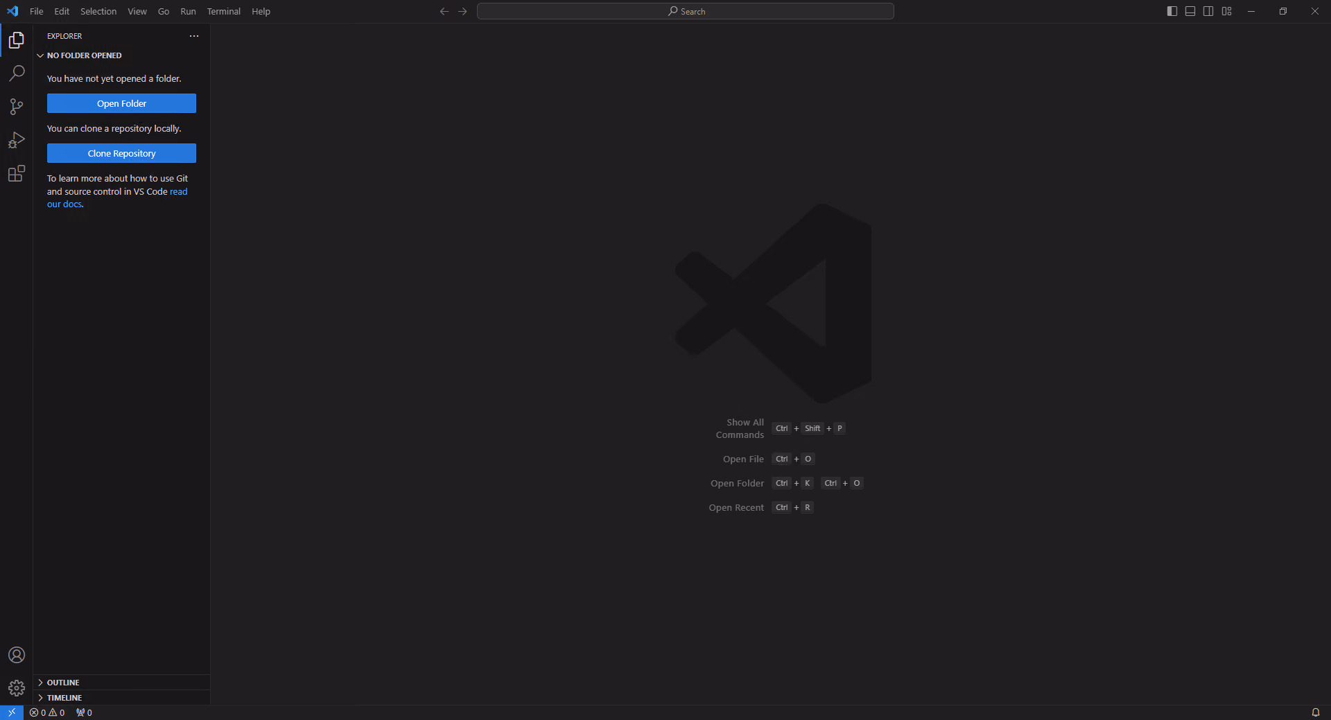 Capture d’écran de l’éditeur de texte VSCode affichant l’écran d’accueil par défaut