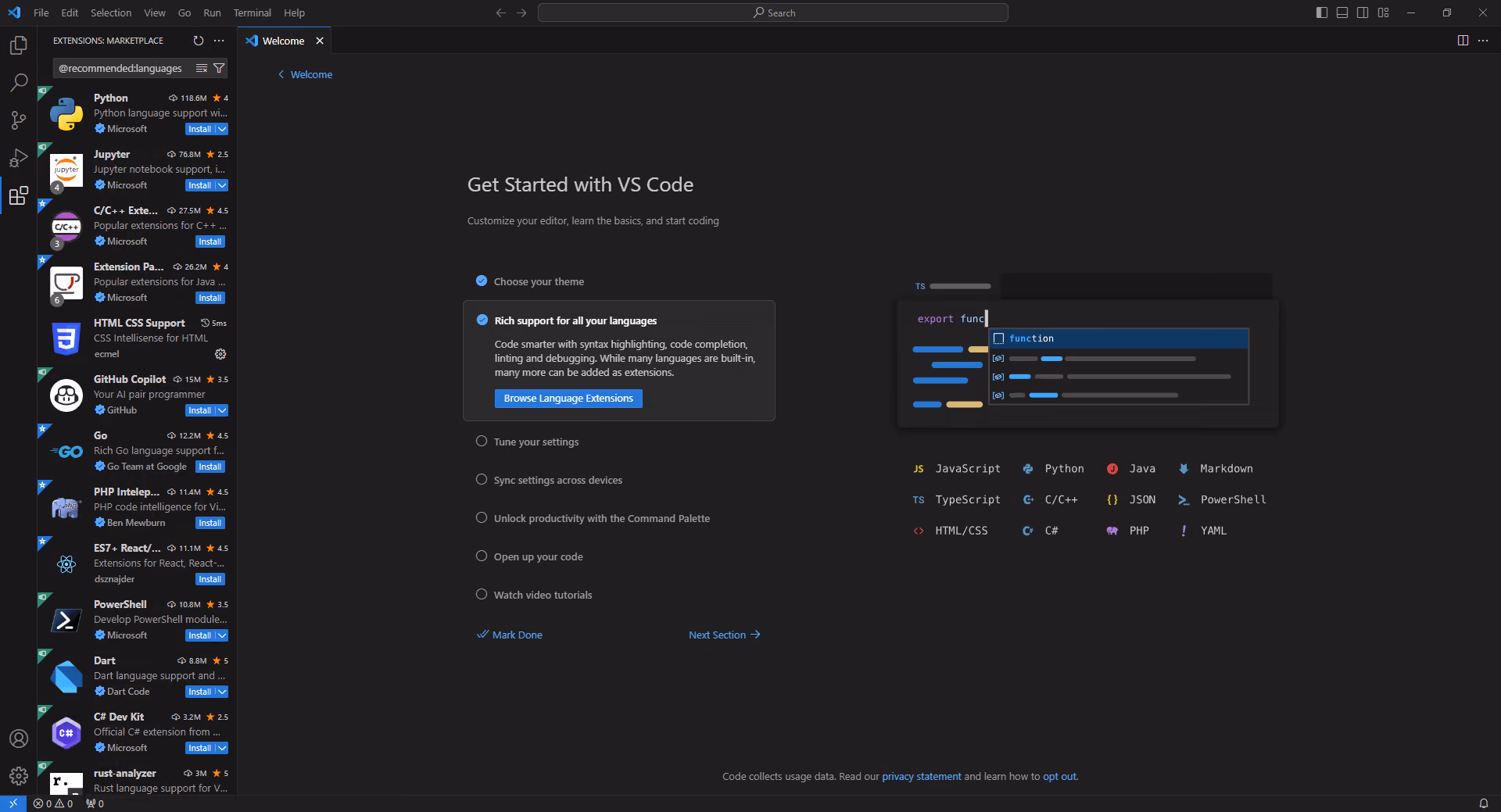 Capture d’écran de l’éditeur de texte VSCode affichant le menu de sélection des extensions d’aide au développement pour le HTML et CSS