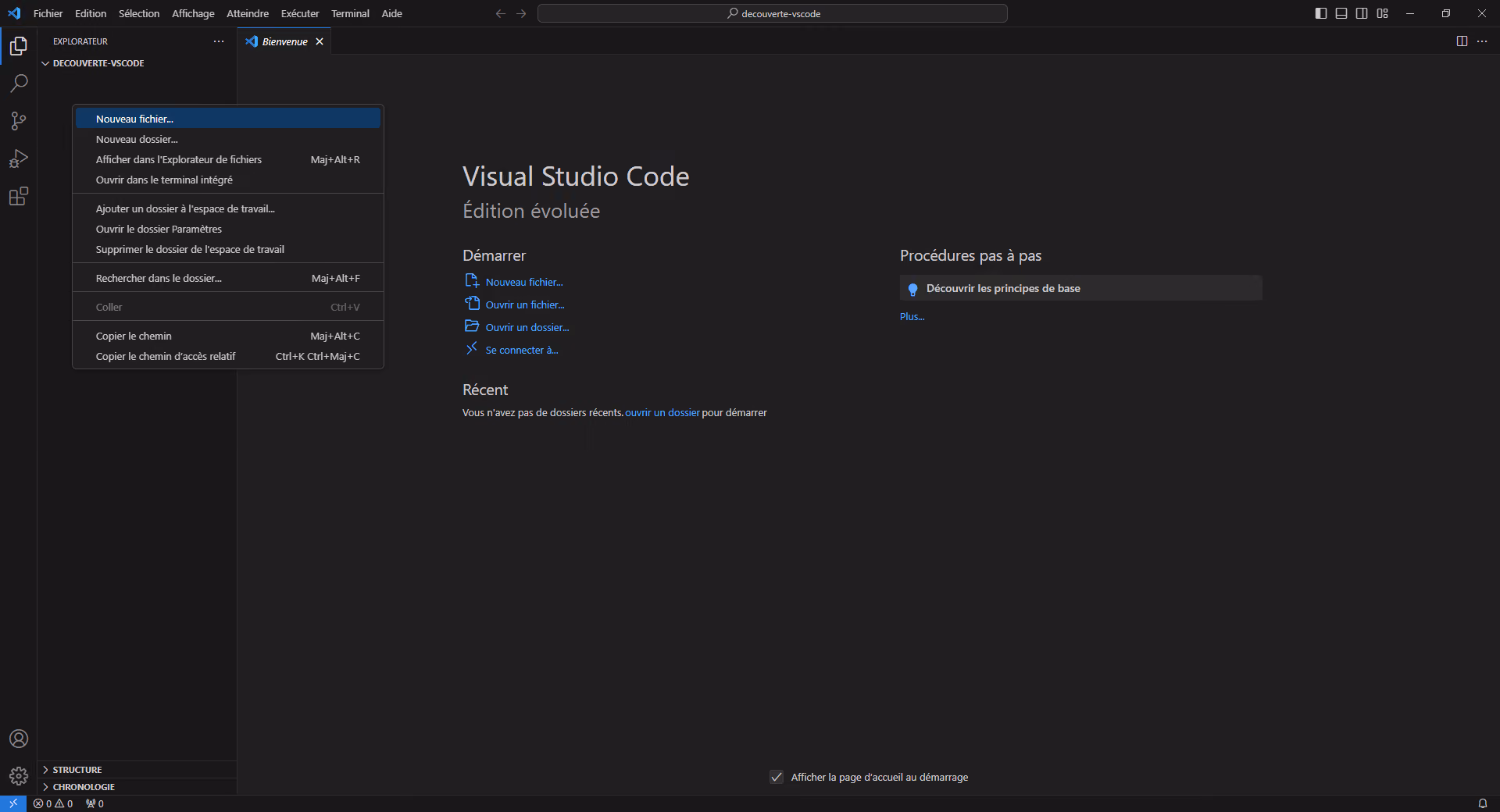 Capture d’écran de l’éditeur de texte VSCode affichant le menu de création d’un nouveau fichier