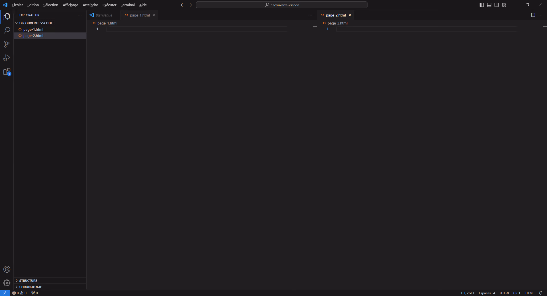 Capture d’écran de l’éditeur de texte VSCode affichant l’écran scindé en deux pour afficher deux fichiers simultanément