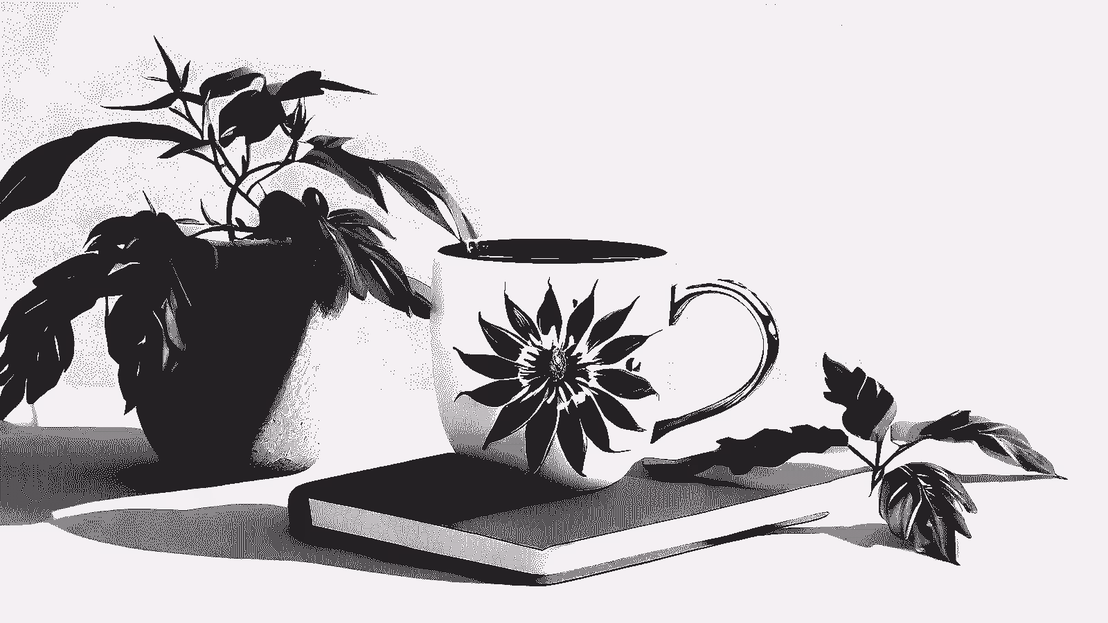 Tasse posée sur un carnet de notes sur laquelle figure une fleur de passiflore