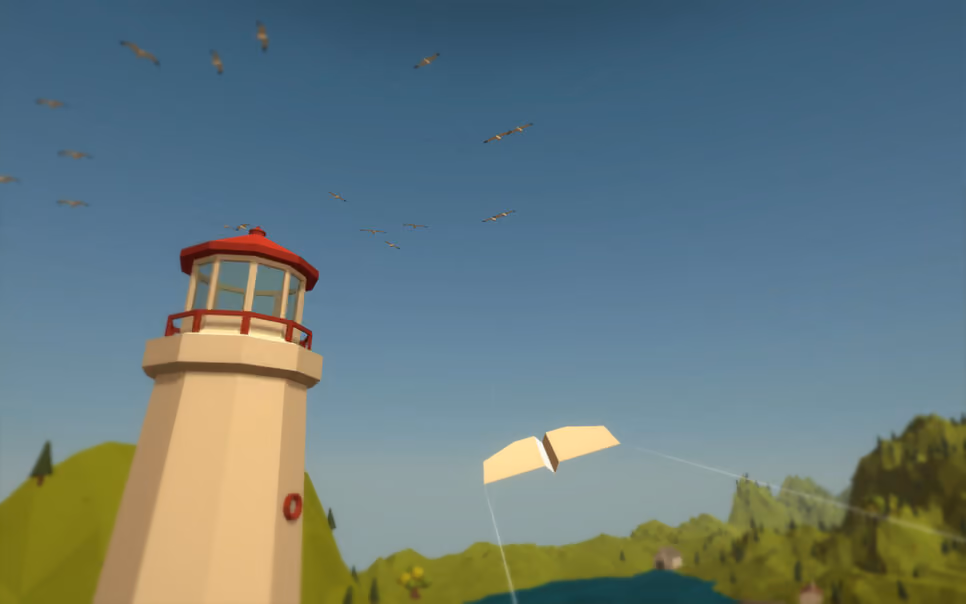 Un avion en papier passe à proximité d’un phare