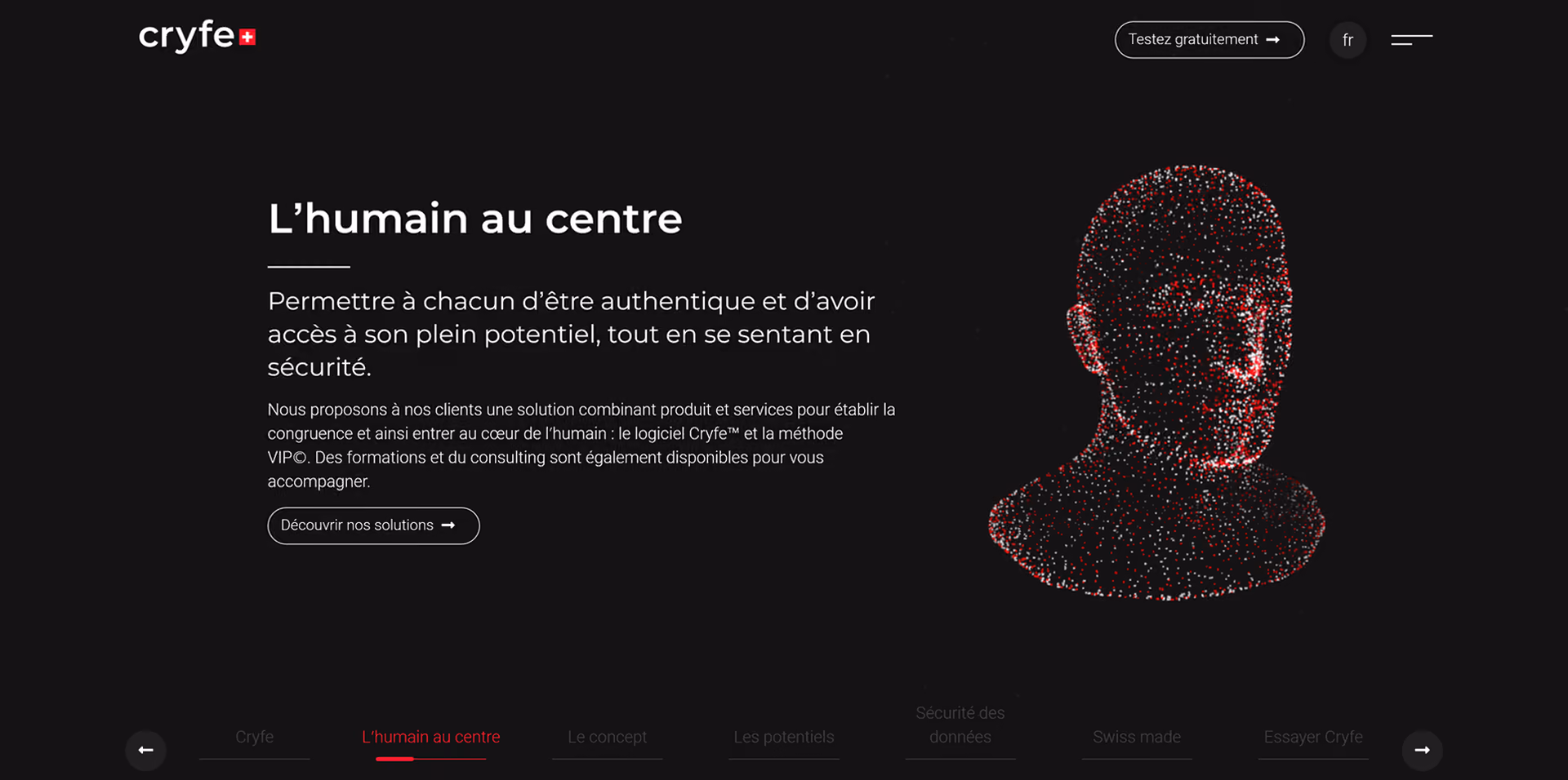 Page d’accueil du site Cryfe. Visage en 3D composé de particules, accompagné du texte "L’humain au centre"