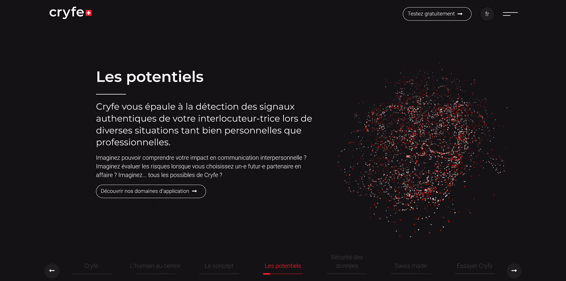 Page d’accueil du site Cryfe. Nuage de points 3D composé de particules, accompagné du texte "Les potentiels"