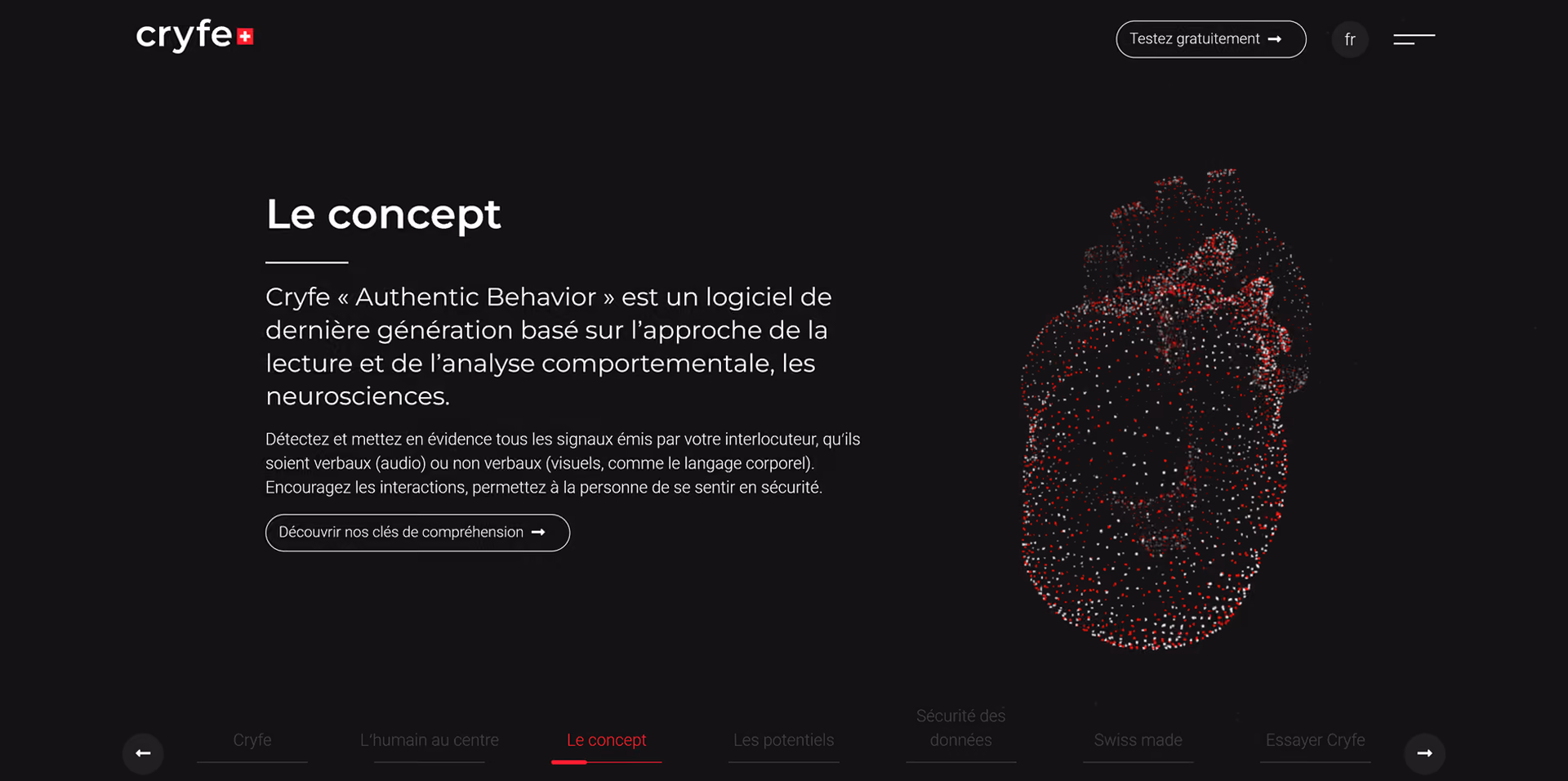 Page d’accueil du site Cryfe. Cœur 3D composé de particules, accompagné du texte "Le concept"