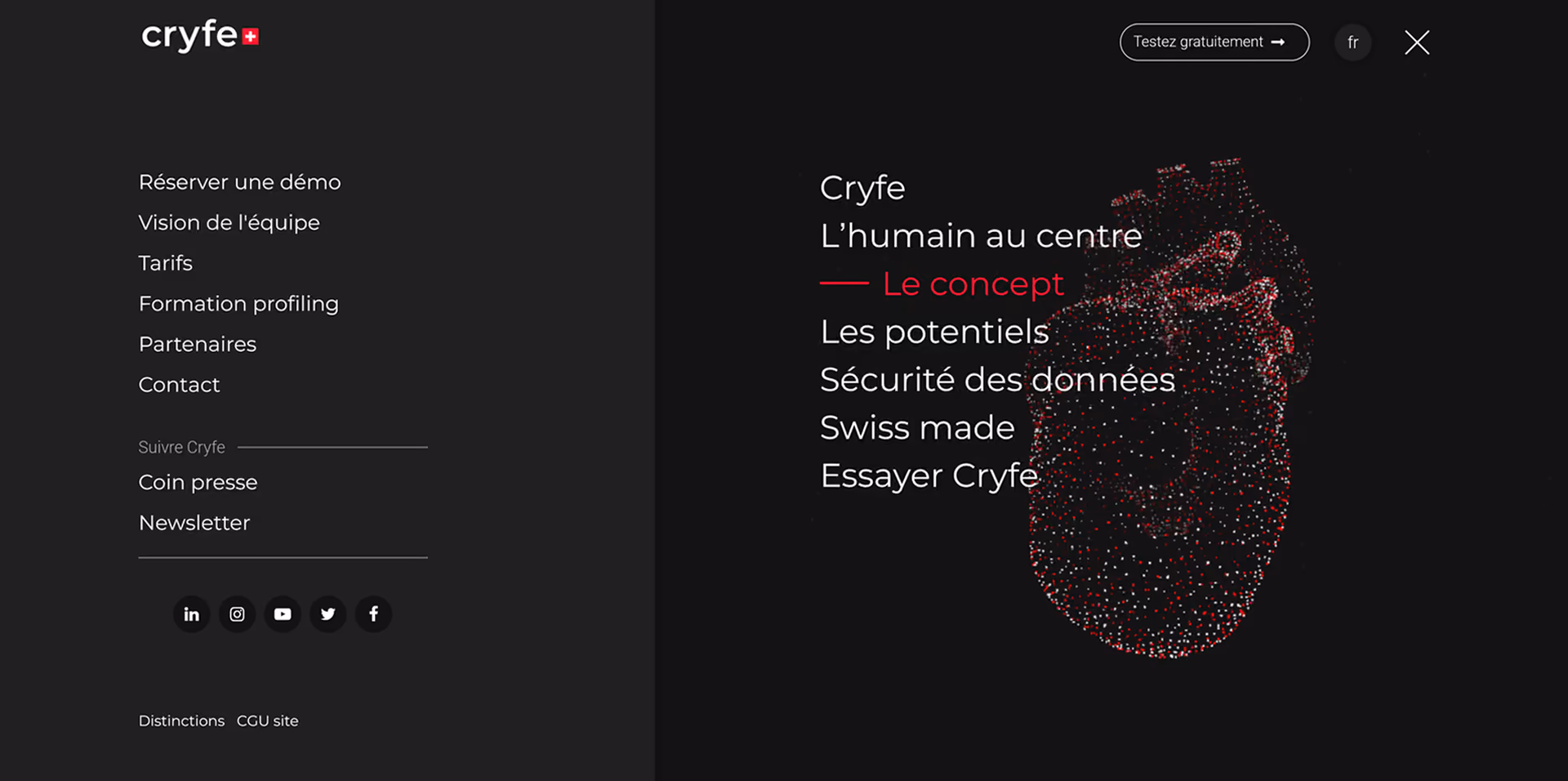 Menu du site Cryfe listant les catégories "Cryfe", "L’humain au centre", "Les potentiels", "Sécurité des données", "Swiss made", et "Essayer Cryfe"