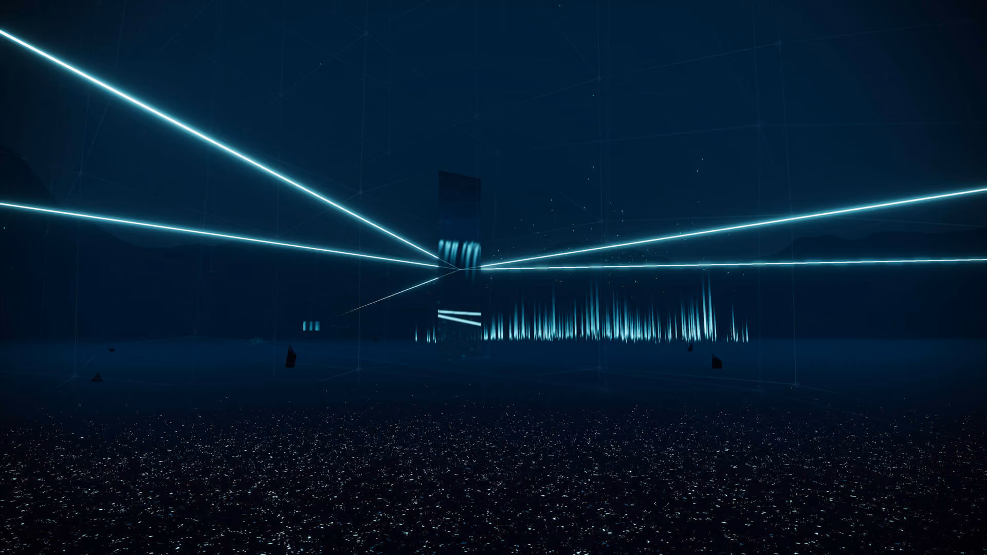 Environement 3D d’un paysage sous-marin. Un monolithe est dressé verticalement au centre de l’image, relié par des lignes lumineuses.