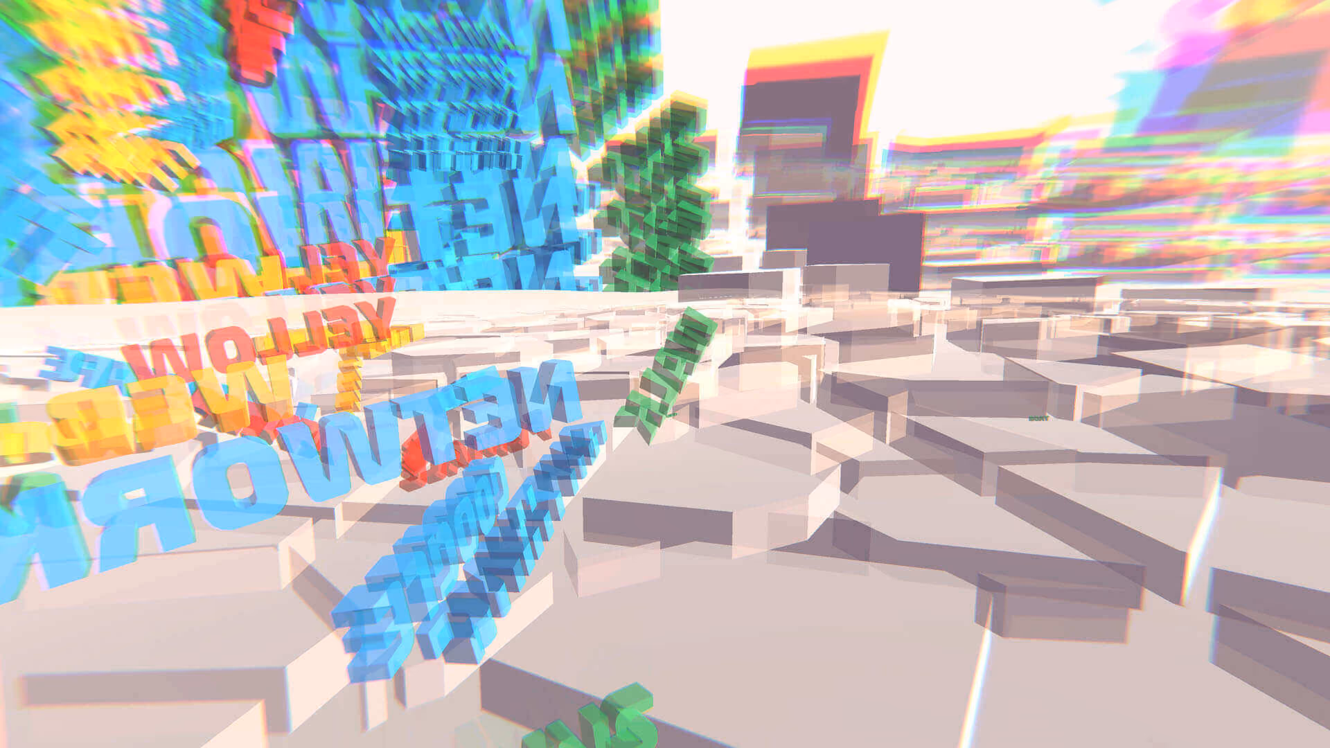 Paysage abstrait composé de polygones transparents. Des textes en 3D tombent du ciel et laissent des trainées colorées derrière eux.