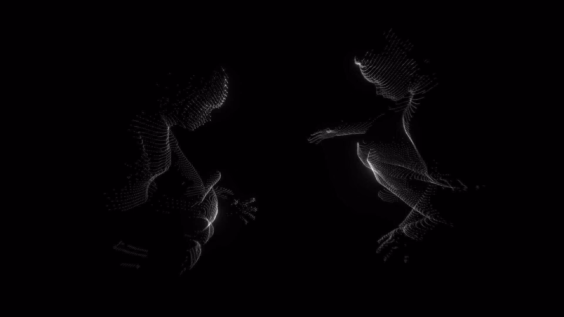 Deux personnages composés de points lumineux se font face.