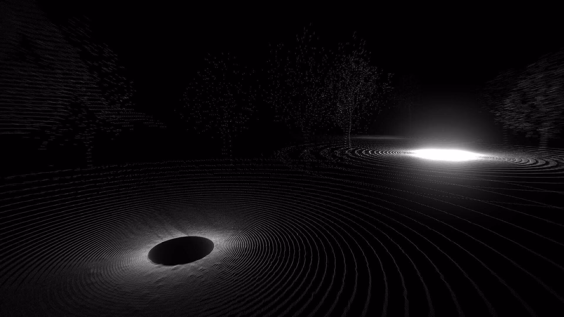 Des arbres composés de points lumineux. Au sol des cercles concentriques sont projetés.