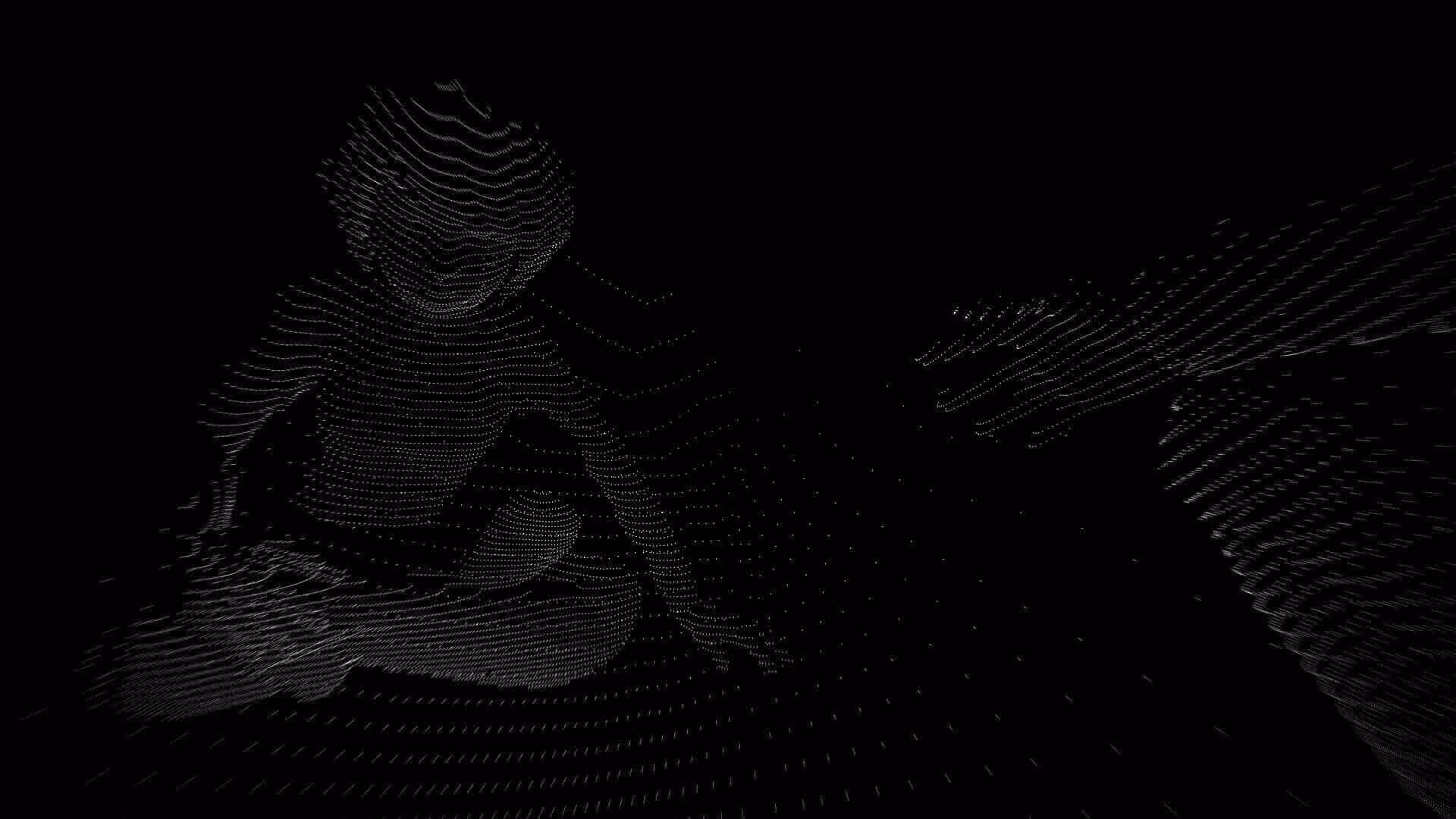 Personnage composé de points lumineux, entouré de lignes de points.