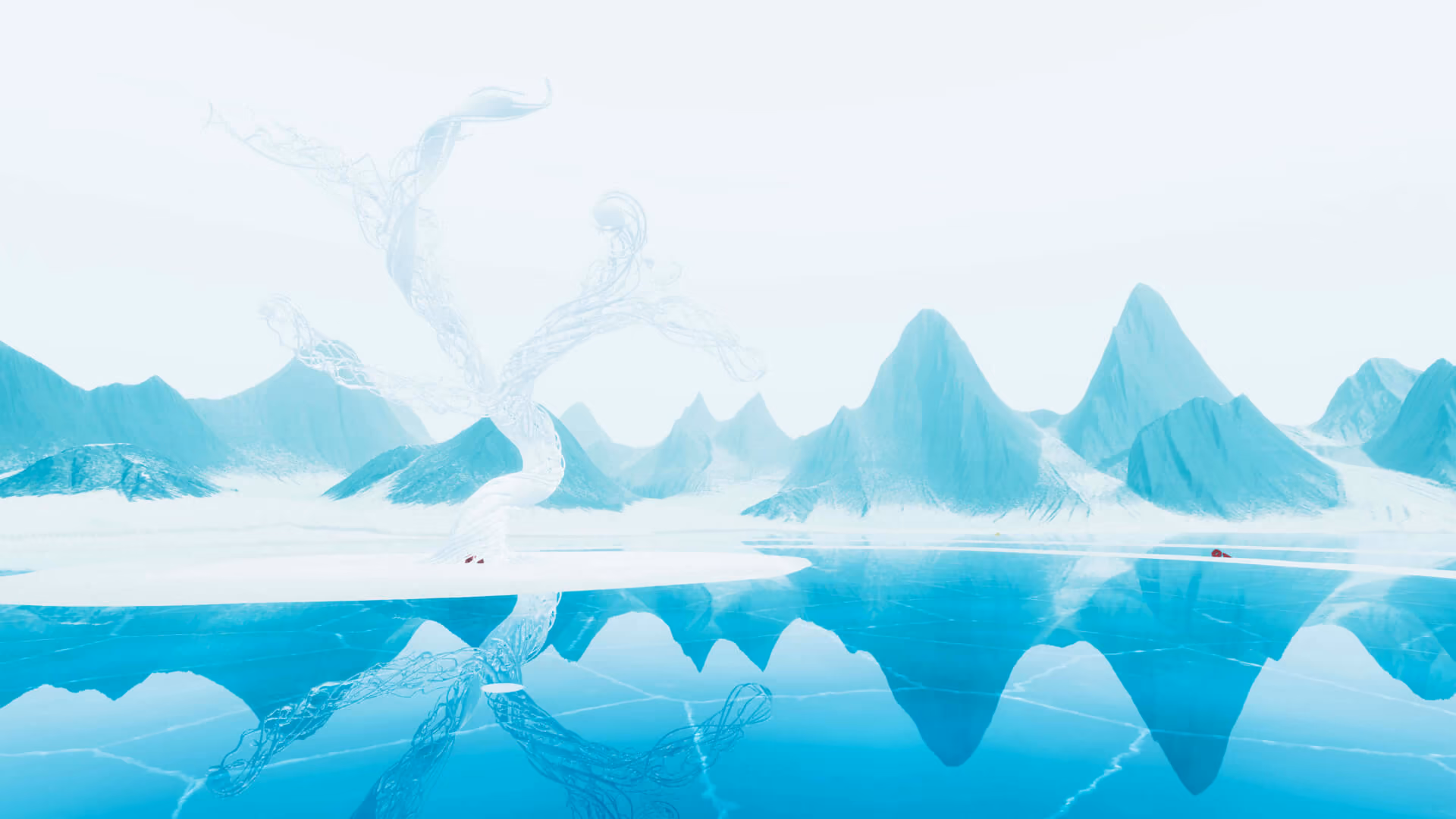 Un arbre abstrait se dresse au centre d’un lac gelé. Des montagnes enneigées sont visibles à l’horizon.