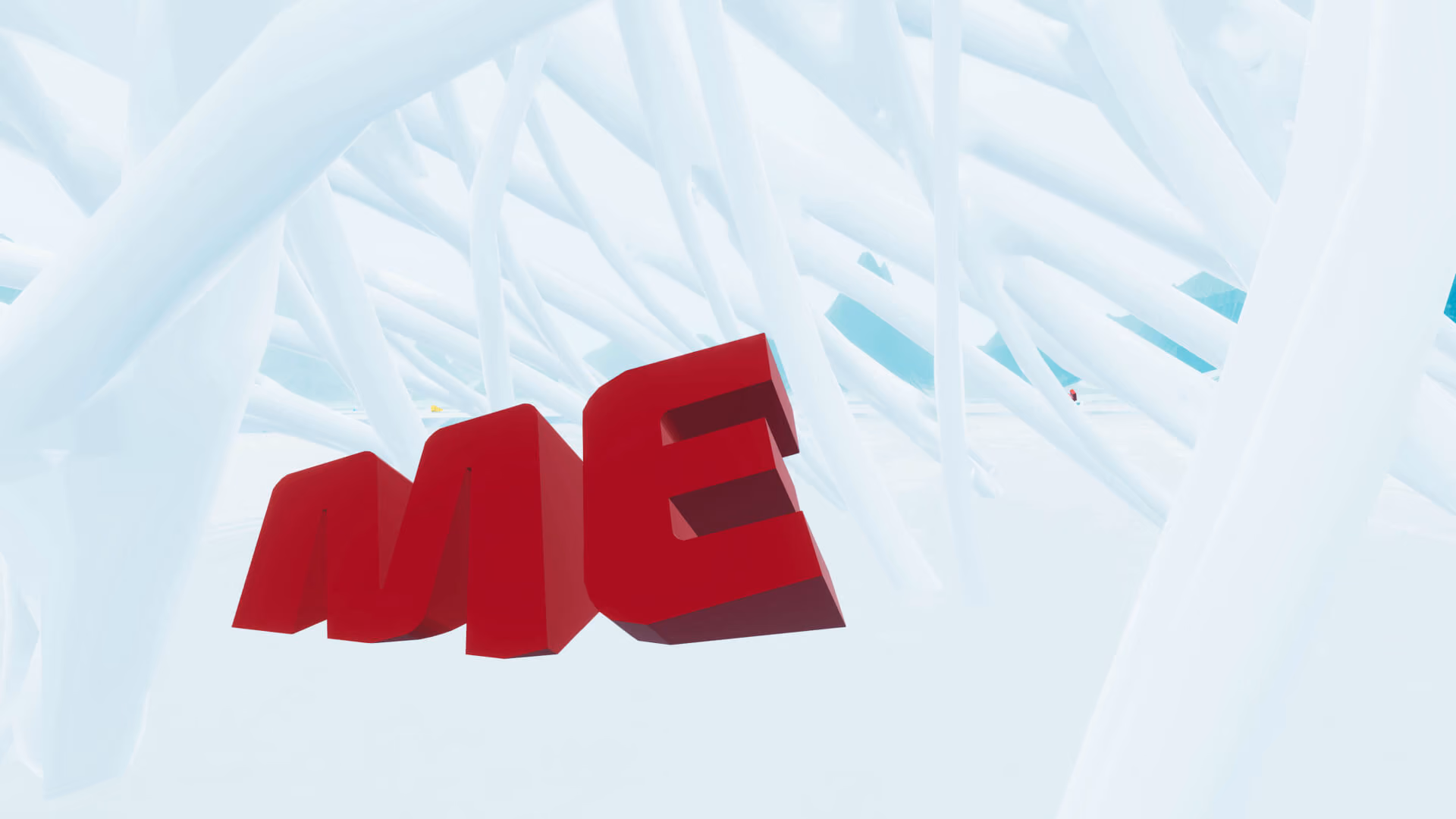 Texte "Me" en 3D au pied d’un arbre abstrait.