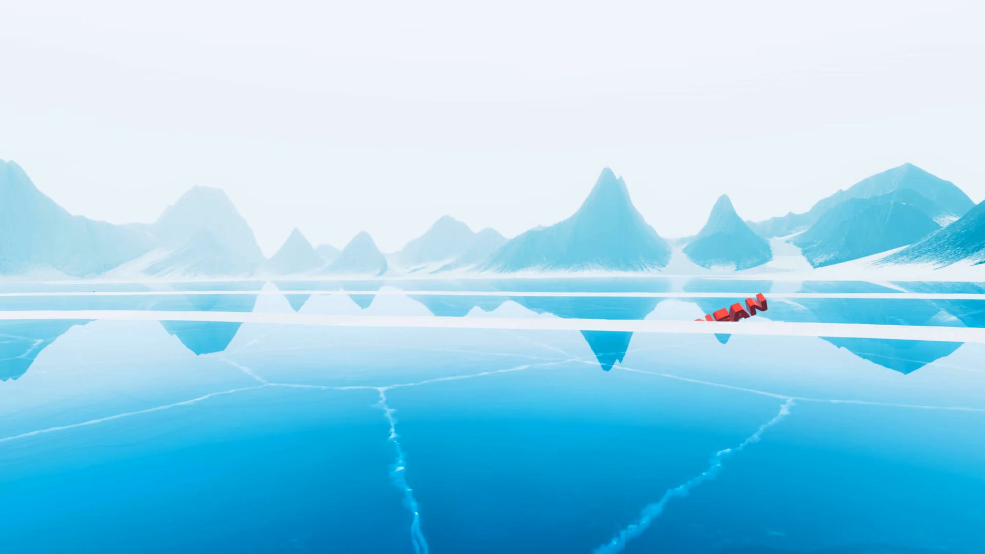 Paysage numérique abstrait d’un lac gelé. Des montagnes enneigées sont visibles à l’horizon. Un texte en 3D est figé dans la glace.