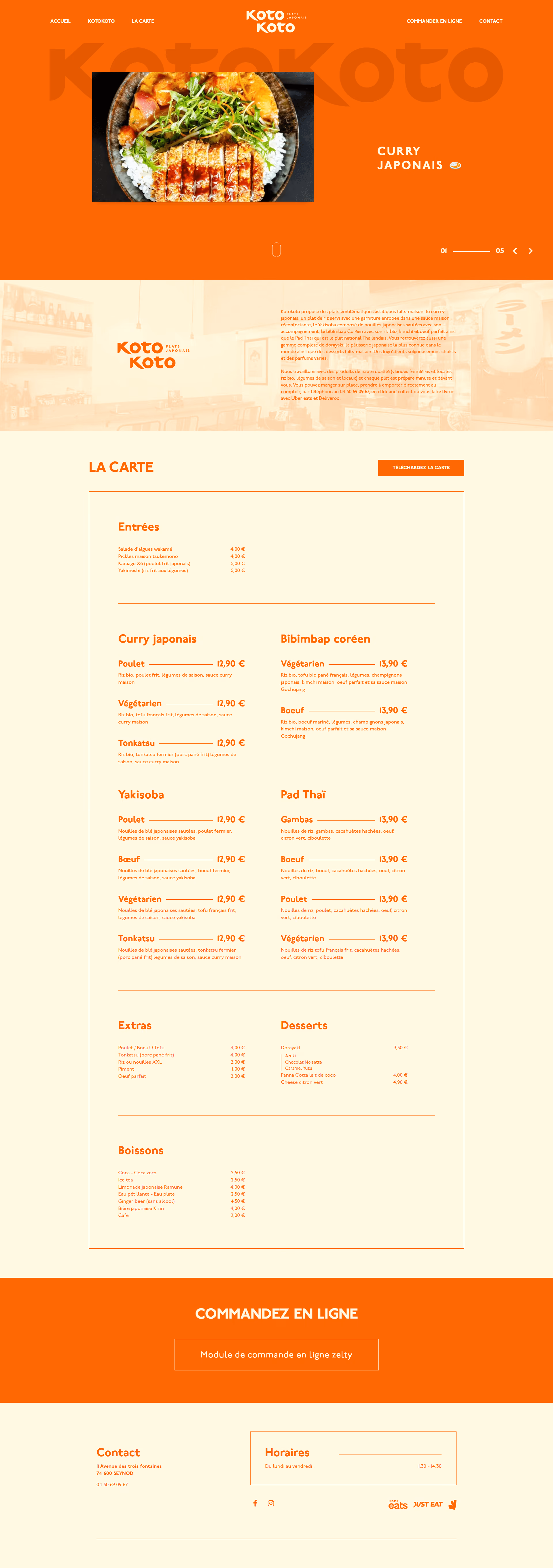 Page unique site KotoKoto. Présentation du restaurant, de son concept, de sa carte et du module de click & collect permettant de commander en ligne