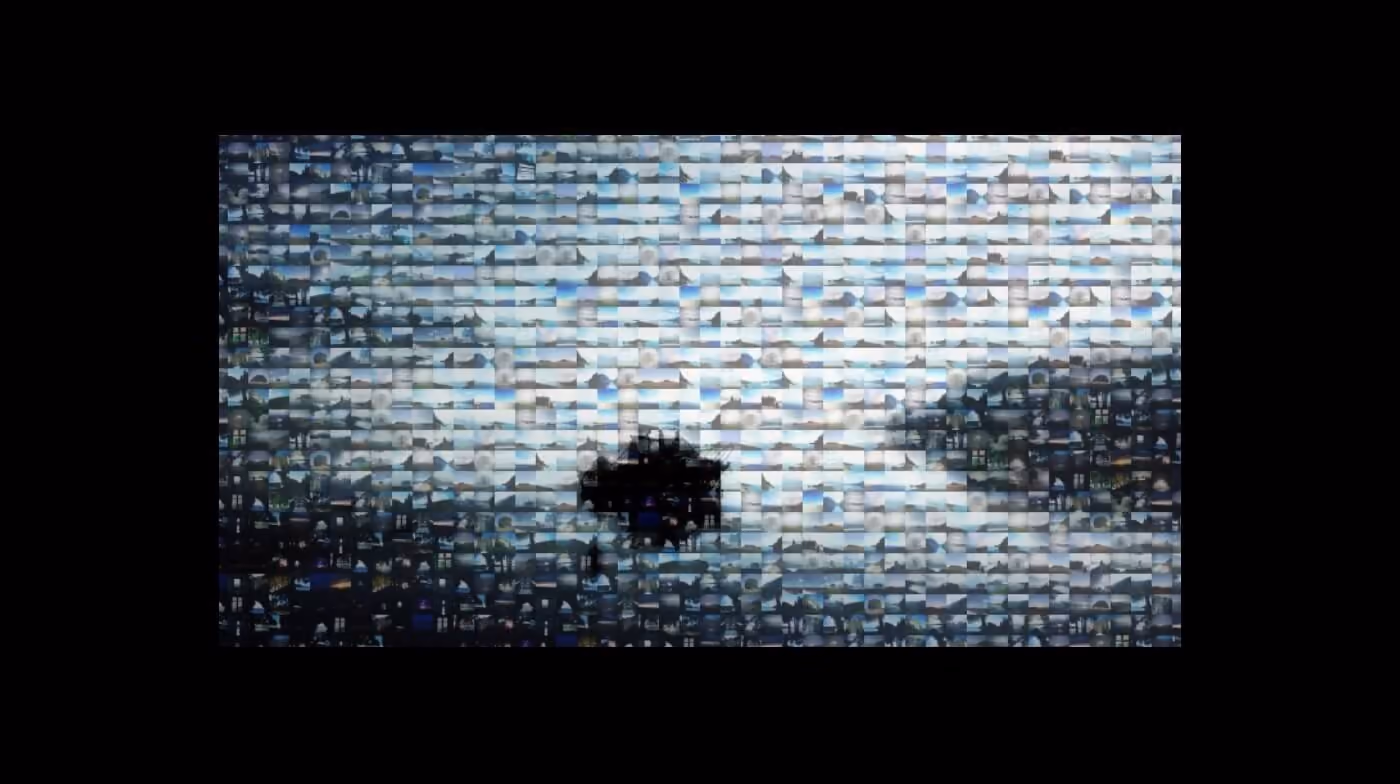 Mosaïque de photographies recomposant un paysage de lac et de montagnes