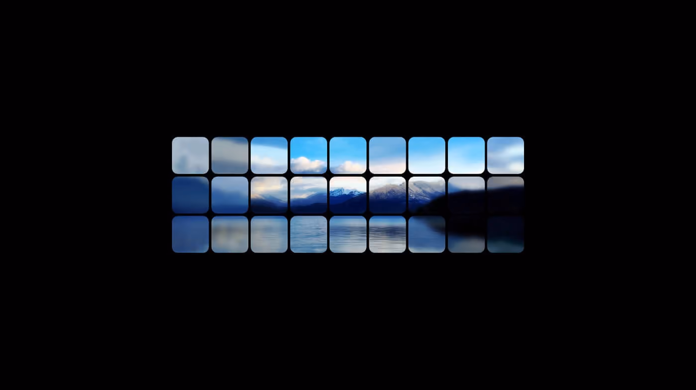 Grille de photographies recomposant un paysage de lac et de montagnes