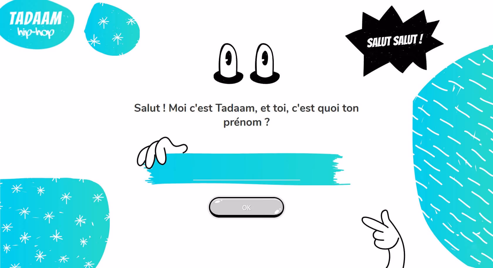 Page d’introduction des jeu Tadaam! pour la catégorie Hip-Hop. L’utilisateur est invité à renseigner son prénom