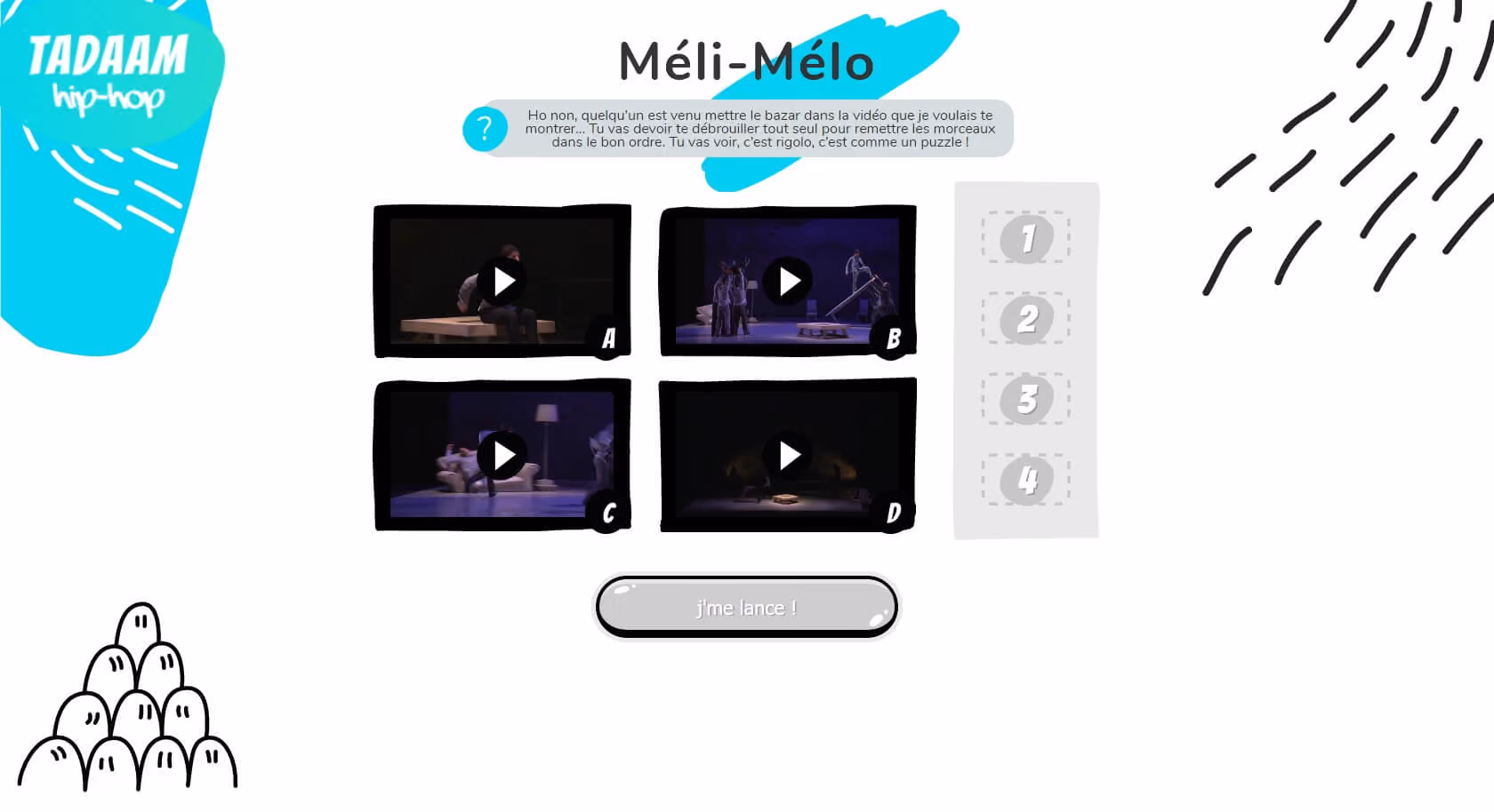 Page du jeu "Méli-Mélo". L’utilisateur doit remettre dans l’ordre les différentes phases d’une vidéo de danse