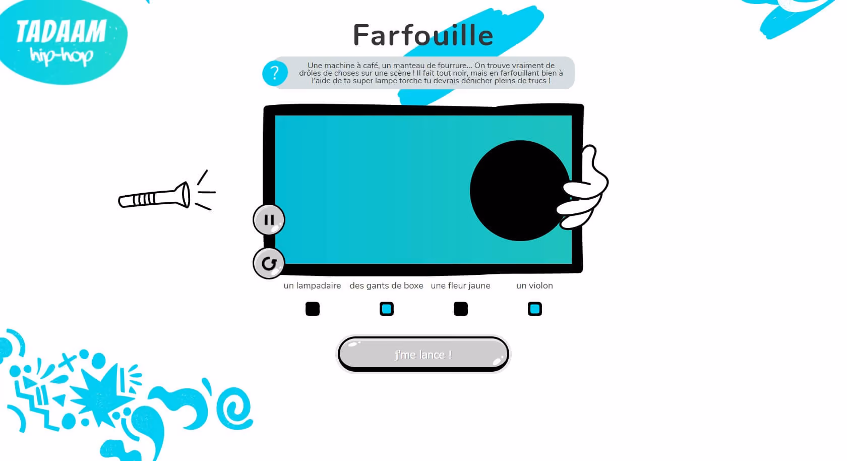 Page du jeu "Farfouille". L’utilisateur doit indiquer ce qu’il voit dans une vidéo partiellement masquée. Une lampe de poche permet de découvrir les parties cachées de la vidéo