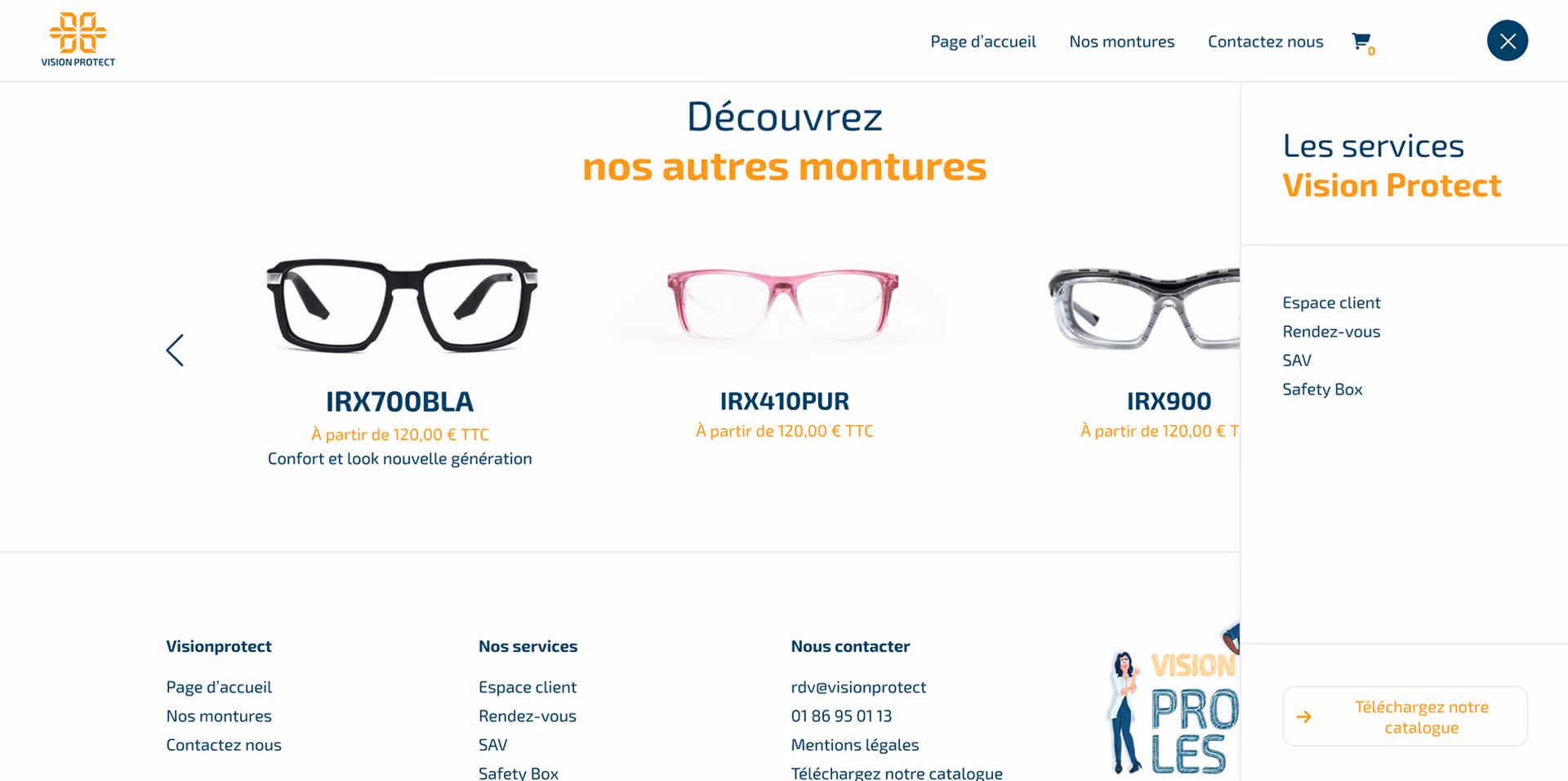 Module de sélection des montures de lunettes de protection sur le site web de Vision Protect