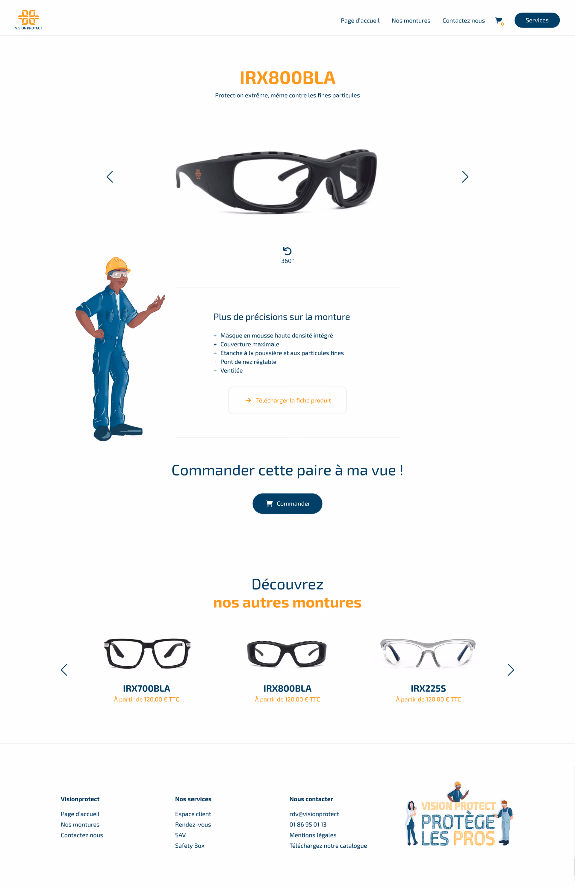 Page web présentant avec détails une monture de lunettes de protection sur le site web de Vision Protect