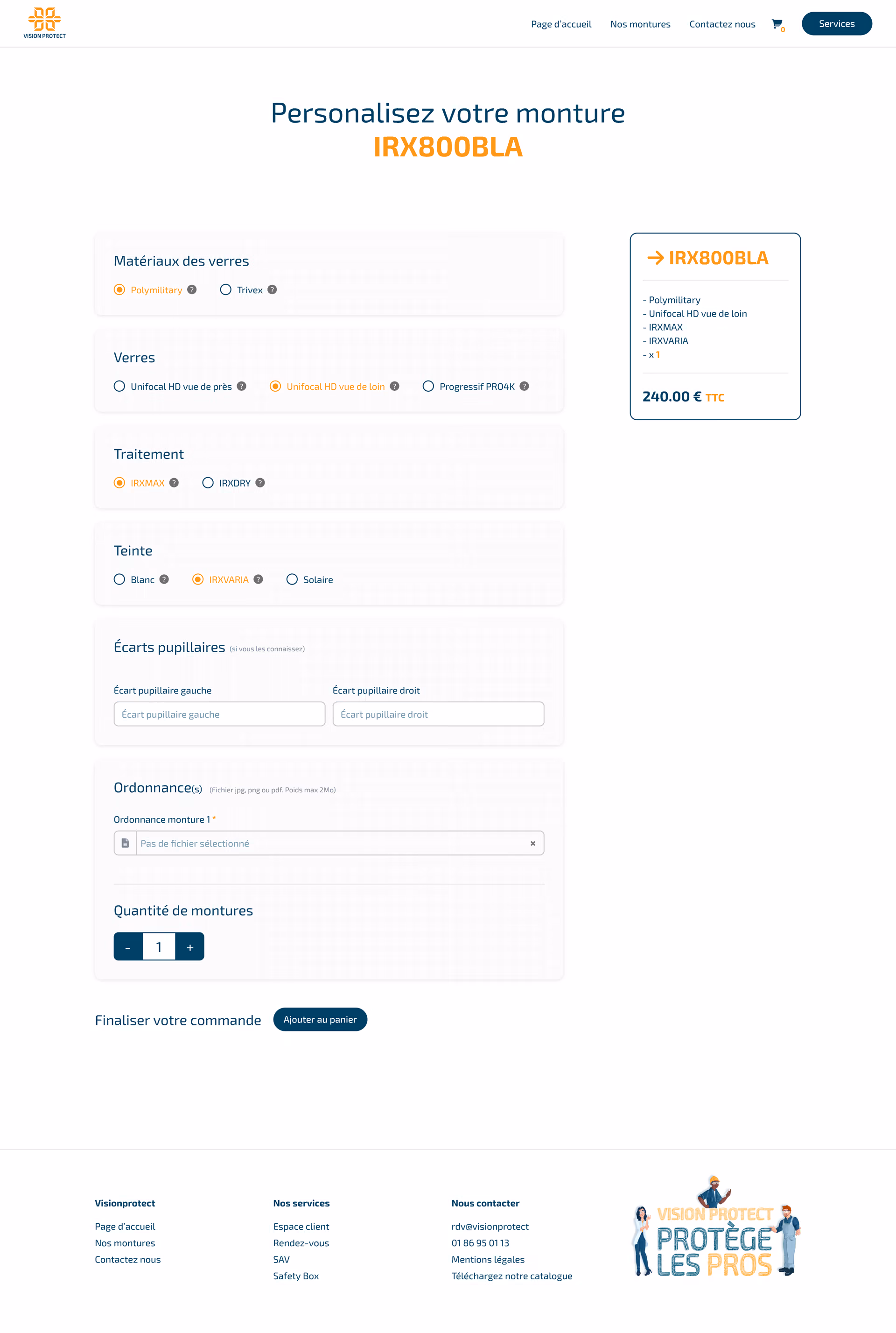 Page de personnalisation d’une monture de lunettes de protection sur le site web de Vision Protect