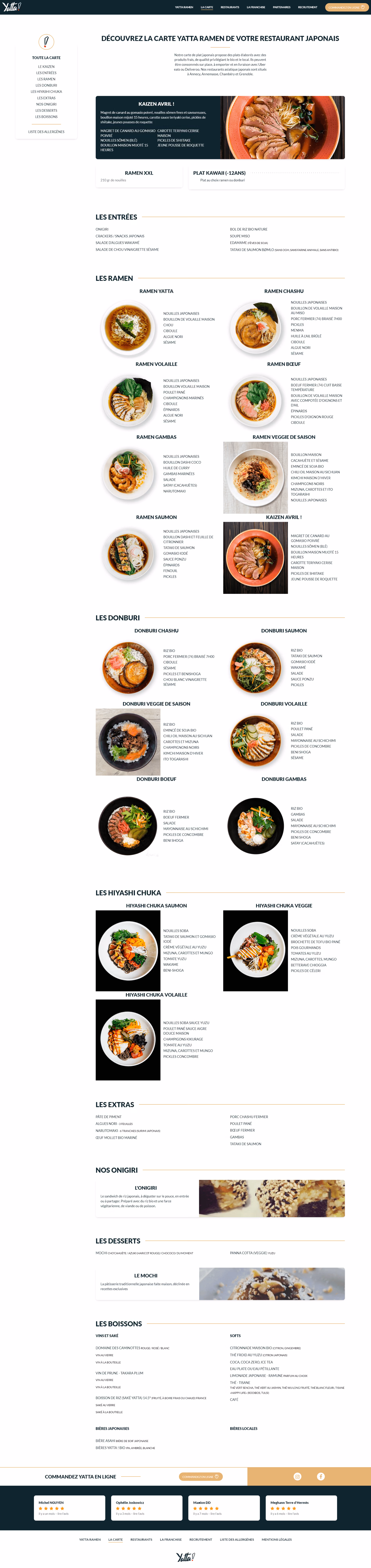 Page web présentant la carte des restaurants Yatta! Ramen