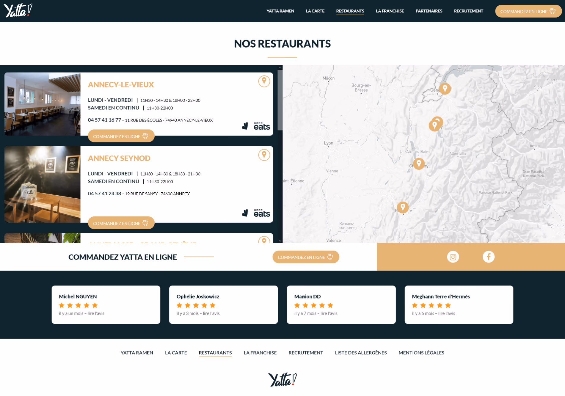 Page web présentant les informations pratiques des restaurants Yatta! Ramen