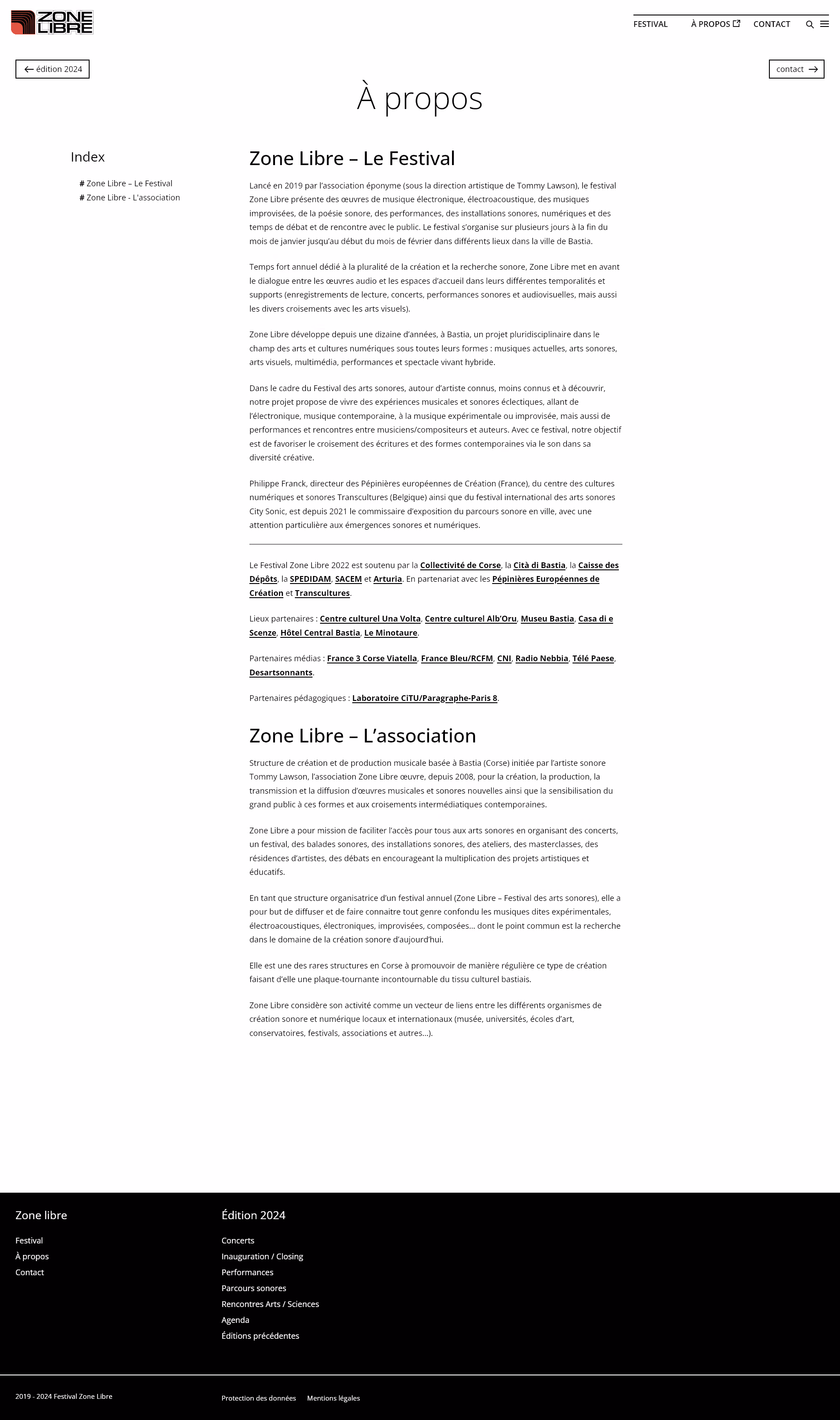 Page web "À propos" du festival Zone Libre