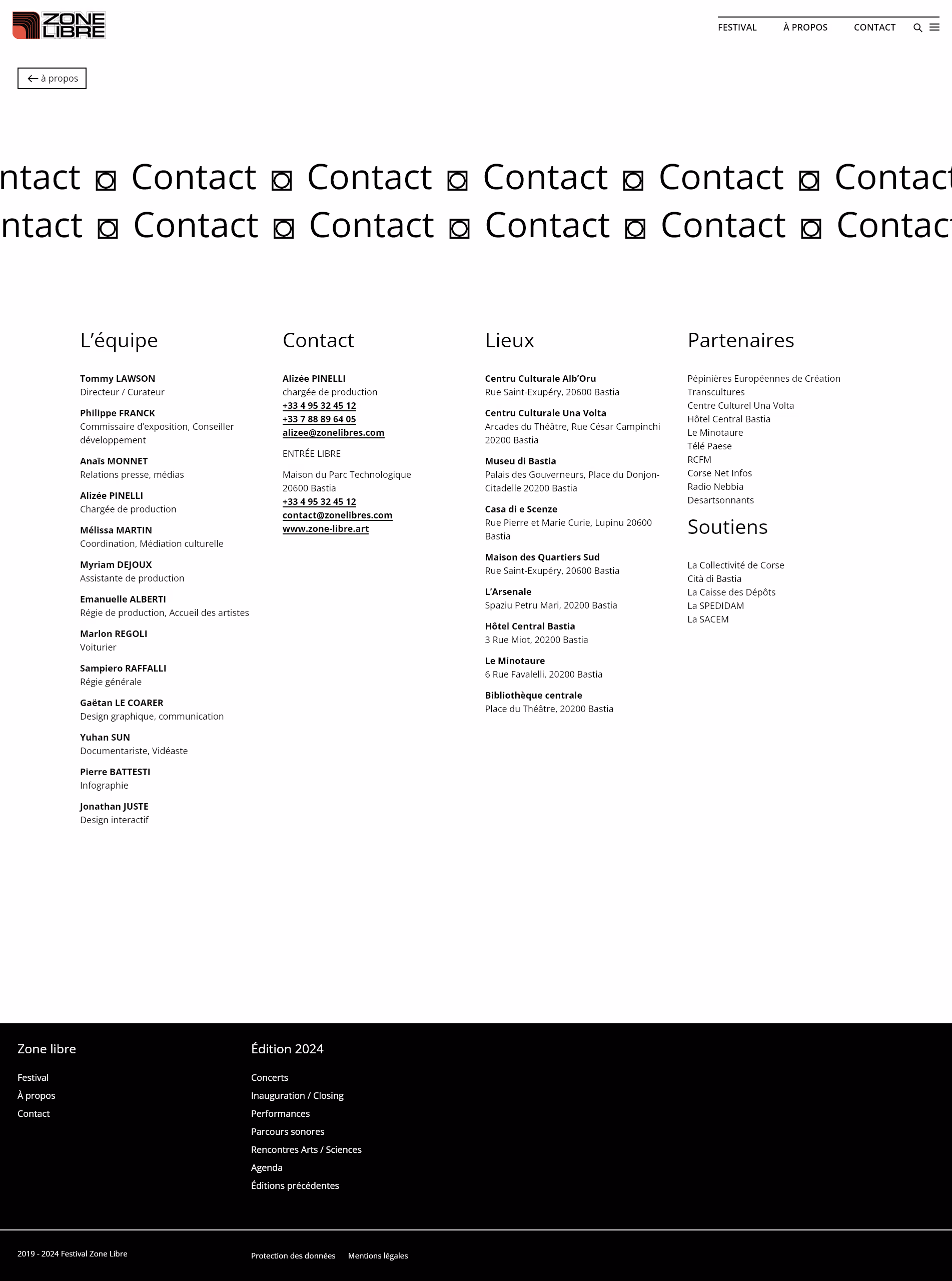Page web de contact du festival Zone Libre